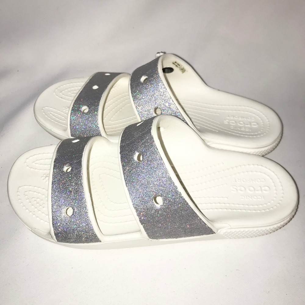 Crocs Classic Glitter Sandals Silver Strap Slides Womens 7 Mens 5 Comfort Summer - Picture 8 of 13